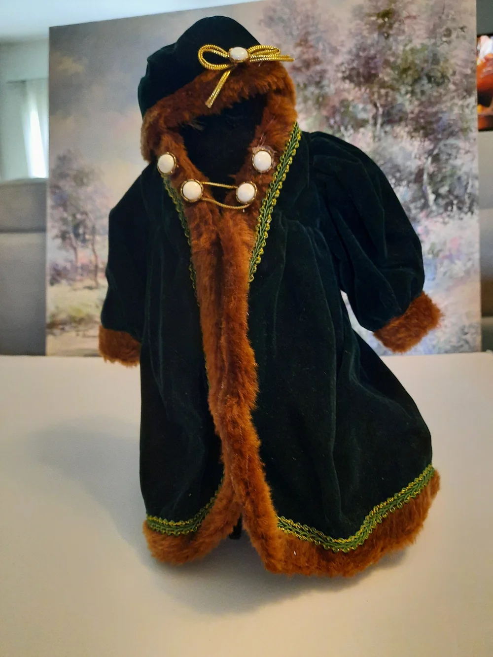 Velvet Doll Coat with Brown Faux Fur Trim